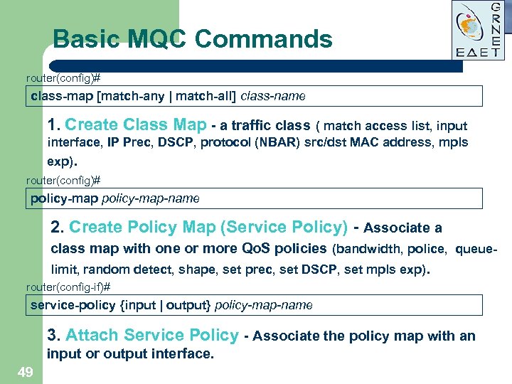 Basic MQC Commands router(config)# class-map [match-any | match-all] class-name • 1. Create Class Map