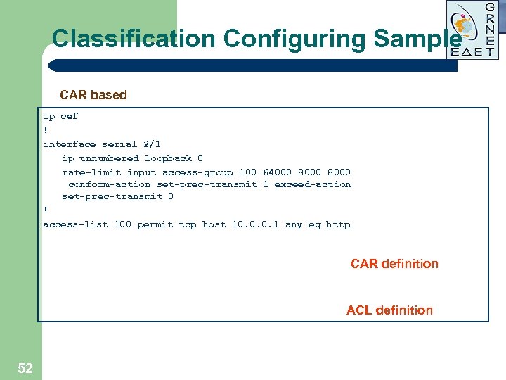 Classification Configuring Sample CAR based ip cef ! interface serial 2/1 ip unnumbered loopback