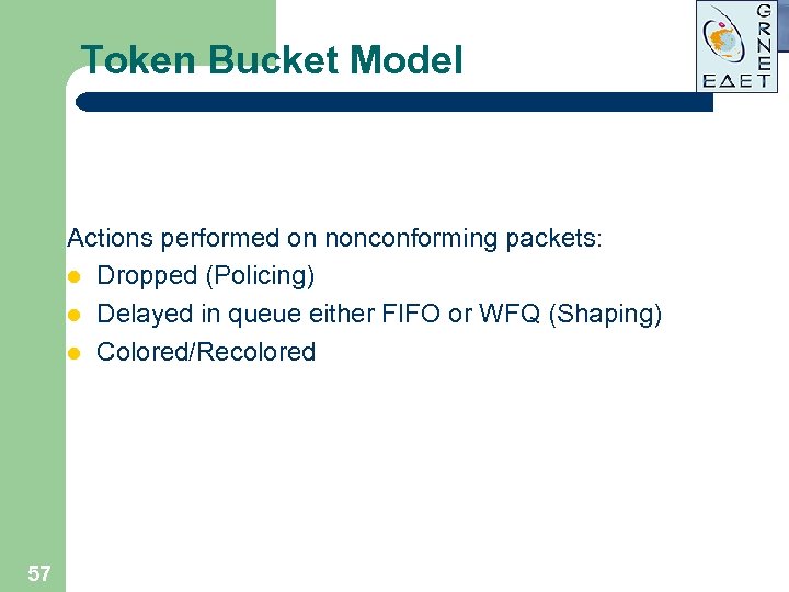 Token Bucket Model Actions performed on nonconforming packets: l Dropped (Policing) l Delayed in