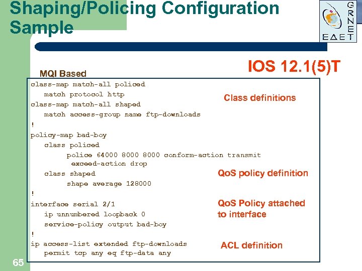 Shaping/Policing Configuration Sample MQI Based 65 IOS 12. 1(5)T class-map match-all policed match protocol