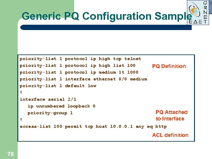 Generic PQ Configuration Sample priority-list 1 protocol ip high tcp telnet priority-list 1 protocol