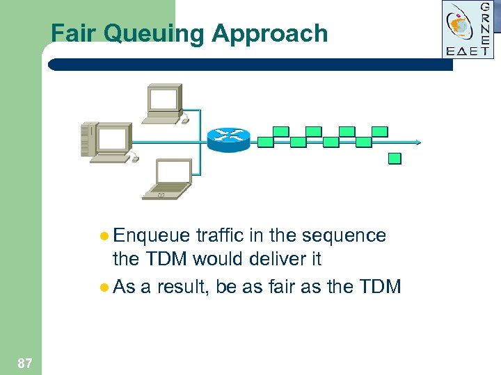 Fair Queuing Approach l Enqueue traffic in the sequence the TDM would deliver it