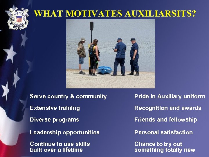 WHAT MOTIVATES AUXILIARSITS? Serve country & community Pride in Auxiliary uniform Extensive training Recognition
