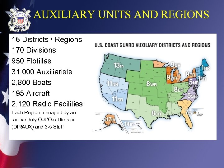 AUXILIARY UNITS AND REGIONS 16 Districts / Regions 170 Divisions 950 Flotillas 31, 000