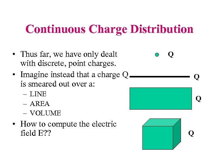 Continuous Charge Distribution • Thus far, we have only dealt with discrete, point charges.