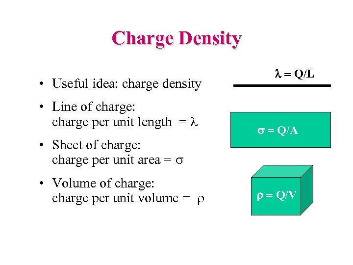 Charge Density • Useful idea: charge density • Line of charge: charge per unit