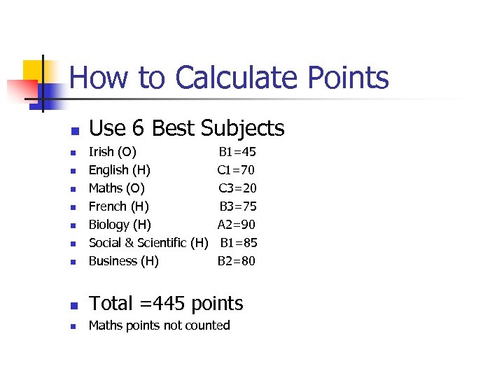 How to Calculate Points n Use 6 Best Subjects n Irish (O) B 1=45