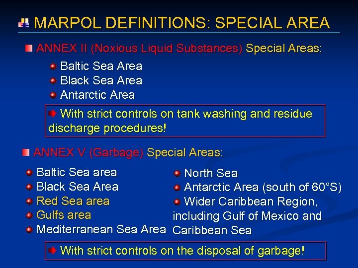  MARPOL DEFINITIONS: SPECIAL AREA ANNEX II (Noxious Liquid Substances) Special Areas: Baltic Sea