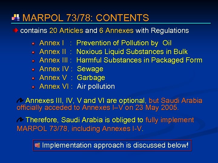  MARPOL 73/78: CONTENTS contains 20 Articles and 6 Annexes with Regulations Annex I