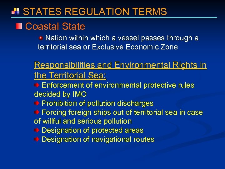  STATES REGULATION TERMS Coastal State Nation within which a vessel passes through a