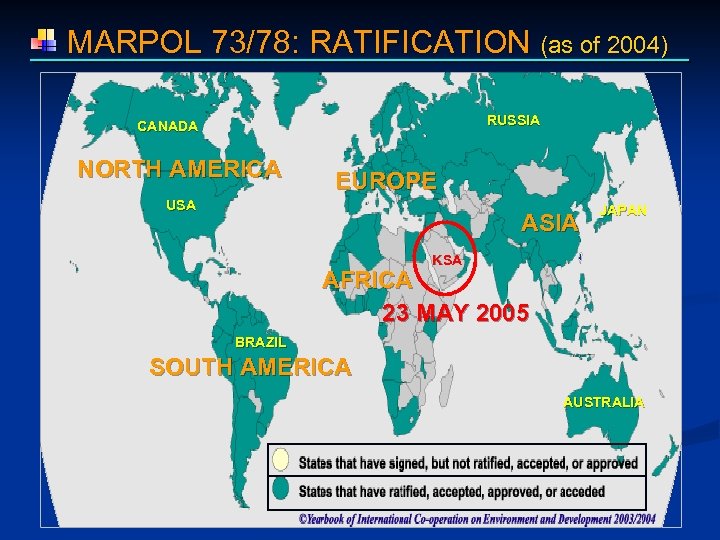  MARPOL 73/78: RATIFICATION (as of 2004) RUSSIA CANADA NORTH AMERICA EUROPE USA ASIA