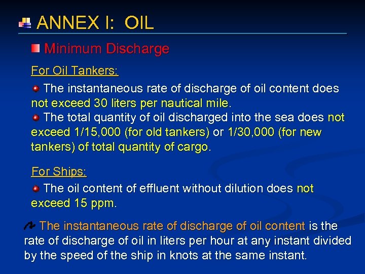  ANNEX I: OIL Minimum Discharge For Oil Tankers: The instantaneous rate of discharge