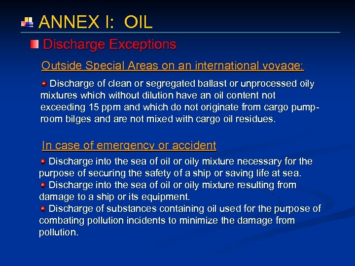  ANNEX I: OIL Discharge Exceptions Outside Special Areas on an international voyage: Discharge