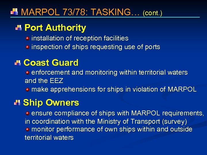  MARPOL 73/78: TASKING… (cont. ) Port Authority installation of reception facilities inspection of