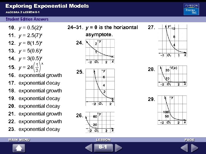 Exploring Exponential Models ALGEBRA 2 LESSON 8 -1 10. y = 0. 5(2)x 11.