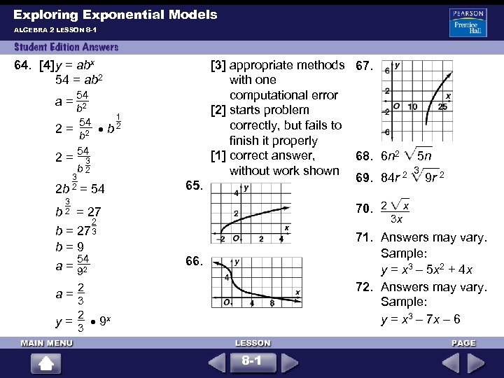 Exploring Exponential Models ALGEBRA 2 LESSON 8 -1 64. [4]y = abx 54 =