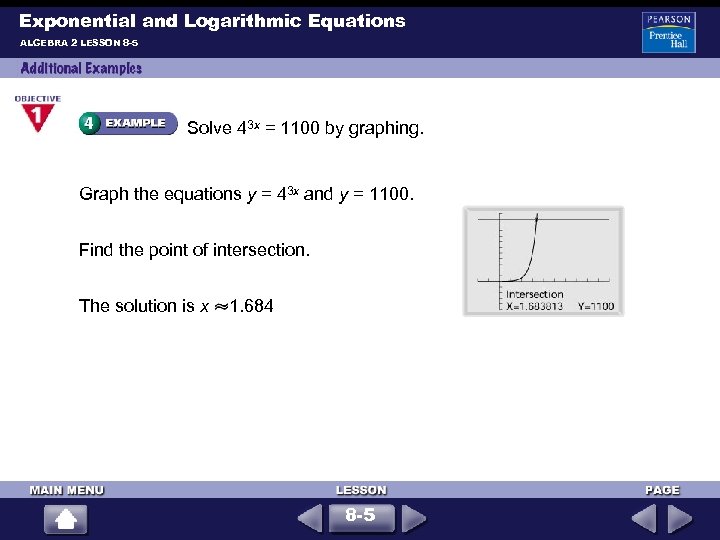 Exponential and Logarithmic Equations ALGEBRA 2 LESSON 8 -5 Solve 43 x = 1100