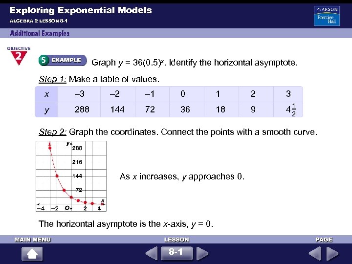 Exploring Exponential Models ALGEBRA 2 LESSON 8 -1 Graph y = 36(0. 5)x. Identify