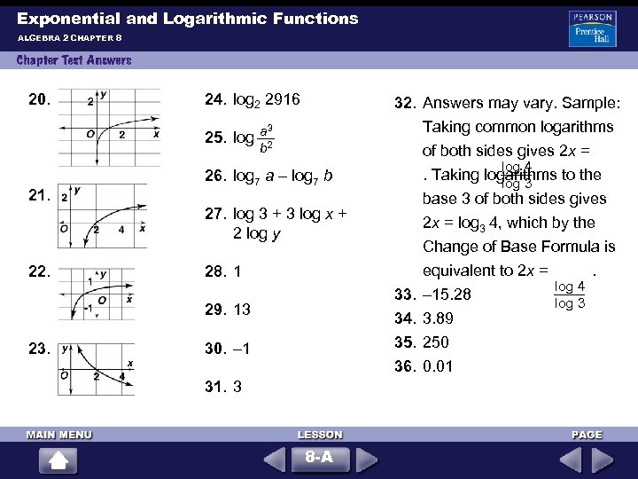 Exponential and Logarithmic Functions ALGEBRA 2 CHAPTER 8 20. 24. log 2 2916 32.