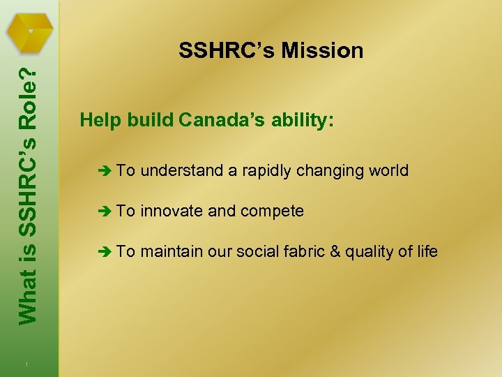 What is SSHRC’s Role? SSHRC’s Mission 1 Help build Canada’s ability: è To understand