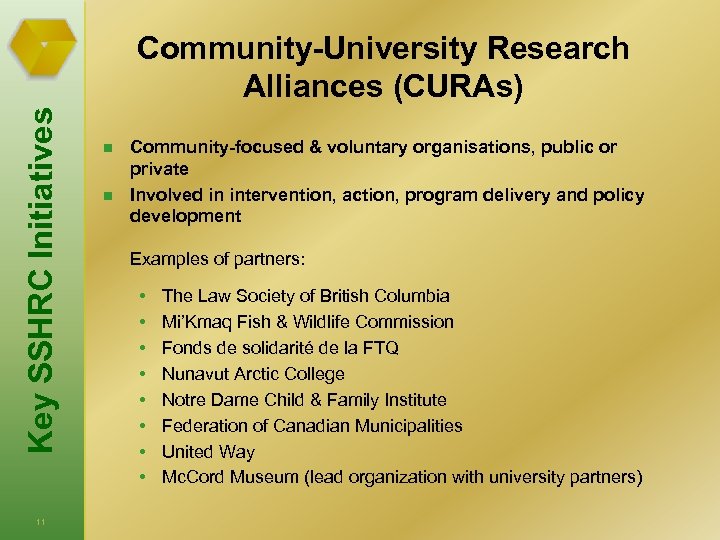 Key SSHRC Initiatives Community-University Research Alliances (CURAs) 11 n n Community-focused & voluntary organisations,