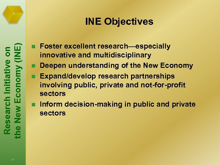 Research Initiative on the New Economy (INE) INE Objectives 18 n n Foster excellent