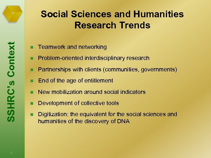 SSHRC’s Context Social Sciences and Humanities Research Trends 2 n Teamwork and networking n