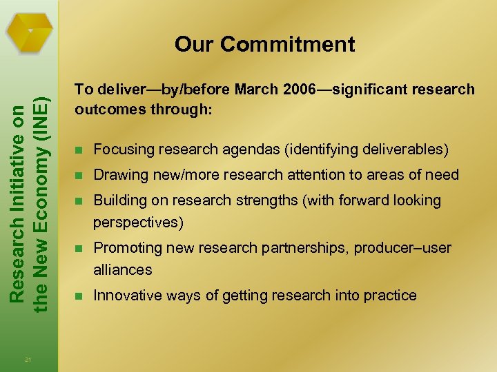 Research Initiative on the New Economy (INE) Our Commitment 21 To deliver—by/before March 2006—significant