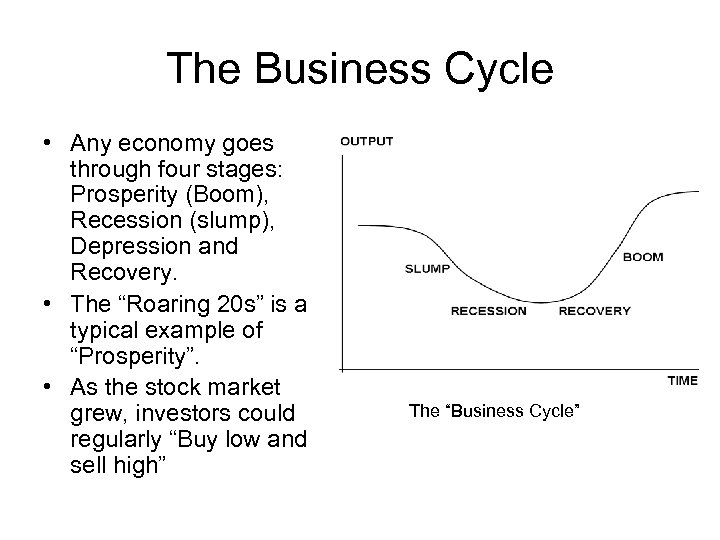 The Business Cycle • Any economy goes through four stages: Prosperity (Boom), Recession (slump),