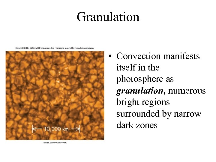 Granulation • Convection manifests itself in the photosphere as granulation, numerous bright regions surrounded