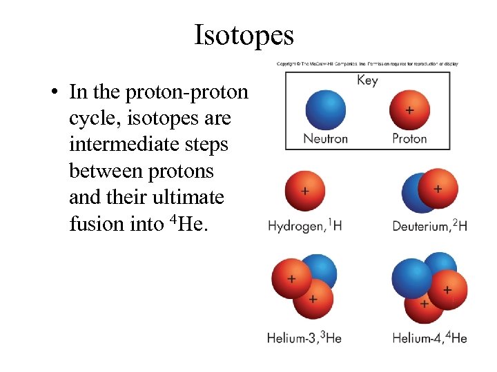 Isotopes • In the proton-proton cycle, isotopes are intermediate steps between protons and their