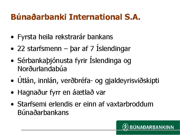 Búnaðarbanki International S. A. • Fyrsta heila rekstrarár bankans • 22 starfsmenn – þar