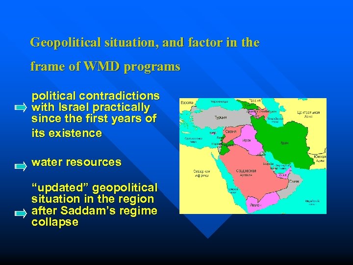 Geopolitical situation, and factor in the frame of WMD programs political contradictions with Israel