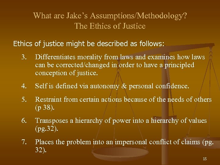 What are Jake’s Assumptions/Methodology? The Ethics of Justice Ethics of justice might be described