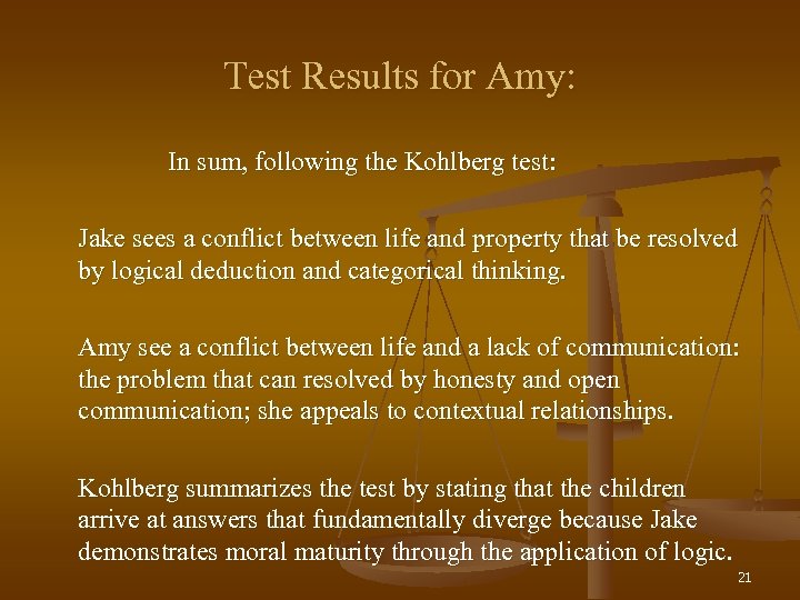 Test Results for Amy: In sum, following the Kohlberg test: Jake sees a conflict