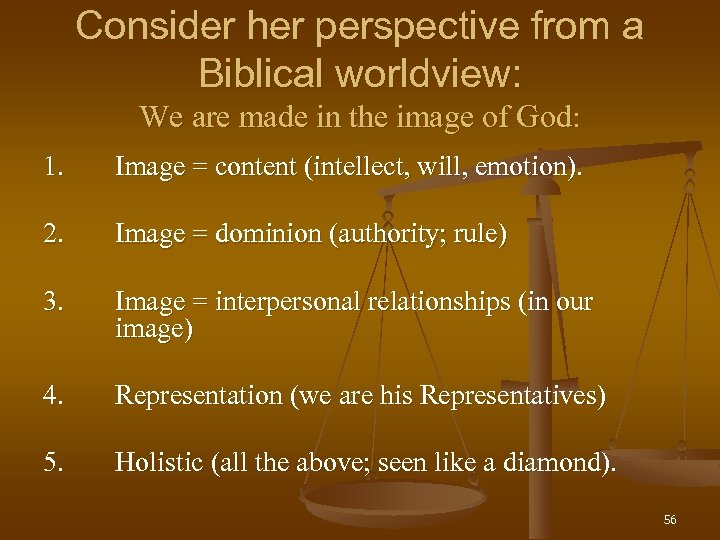 Consider her perspective from a Biblical worldview: We are made in the image of