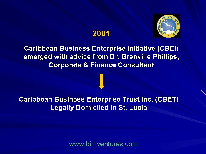 2001 Caribbean Business Enterprise Initiative (CBEI) emerged with advice from Dr. Grenville Phillips, Corporate