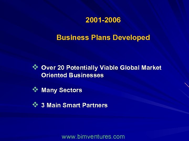 2001 -2006 Business Plans Developed v Over 20 Potentially Viable Global Market Oriented Businesses