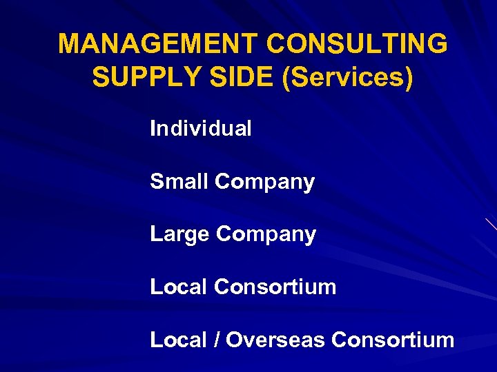 MANAGEMENT CONSULTING SUPPLY SIDE (Services) Individual Small Company Large Company Local Consortium Local /