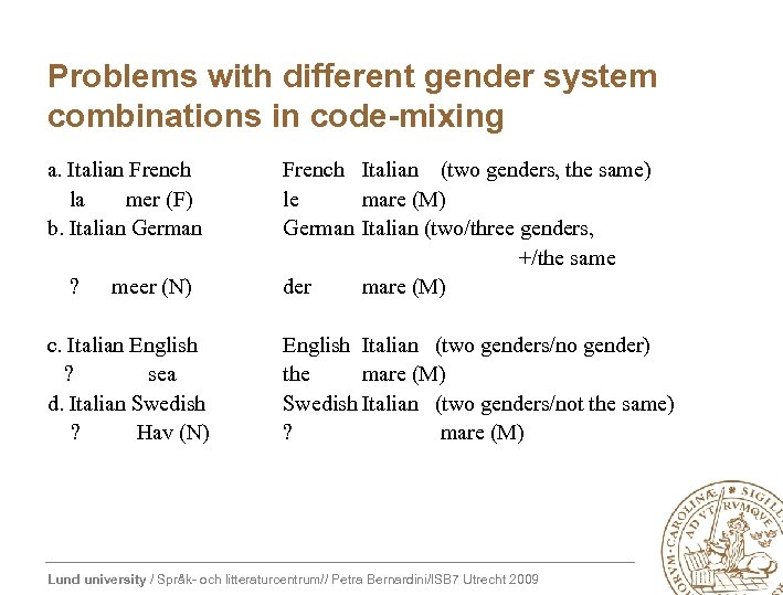 Problems with different gender system combinations in code-mixing a. Italian French la mer (F)