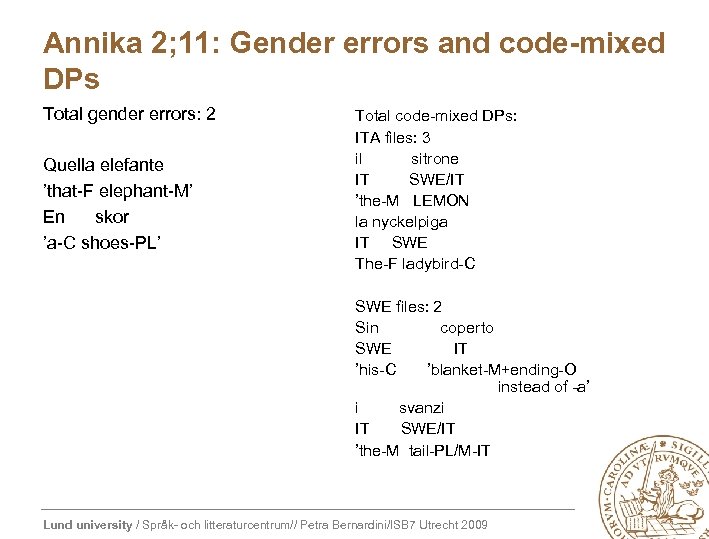 Annika 2; 11: Gender errors and code-mixed DPs Total gender errors: 2 Quella elefante
