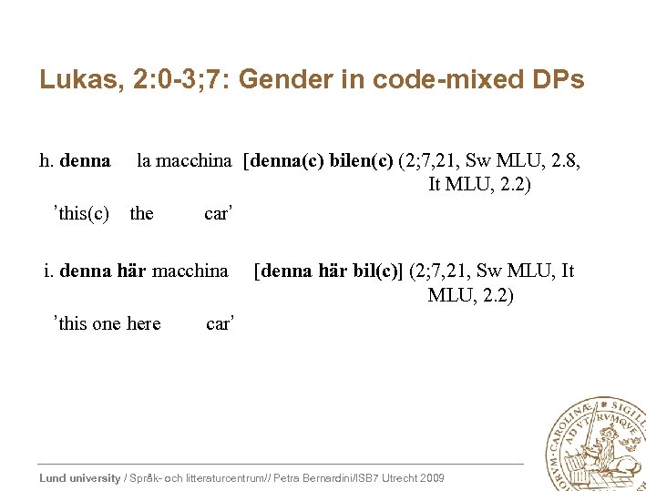 Lukas, 2: 0 -3; 7: Gender in code-mixed DPs h. denna la macchina [denna(c)