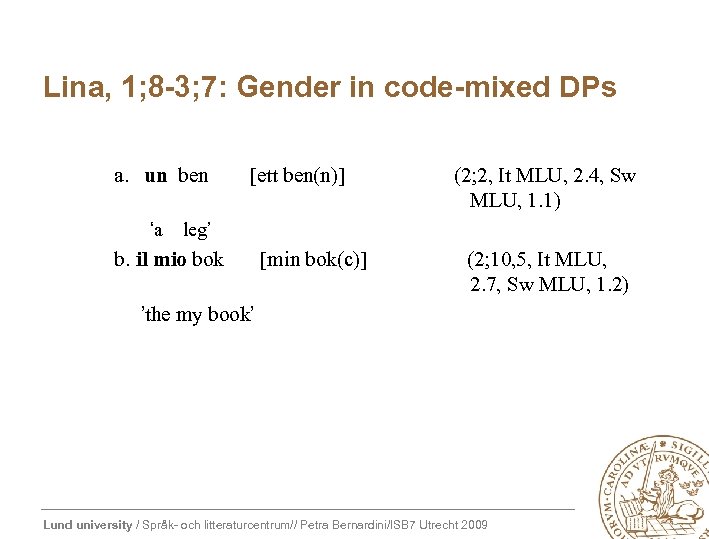 Lina, 1; 8 -3; 7: Gender in code-mixed DPs a. un ben ‘a [ett