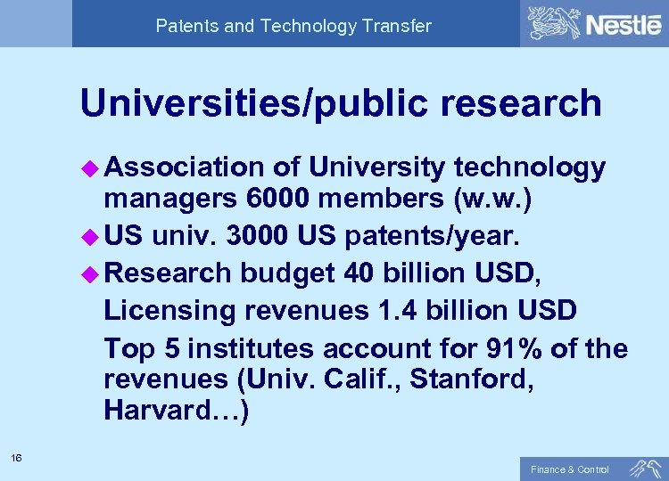 Patents and Technology Transfer Universities/public research u Association of University technology managers 6000 members