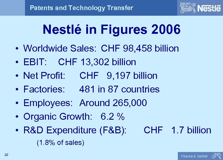 Patents and Technology Transfer Nestlé in Figures 2006 • • Worldwide Sales: CHF 98,