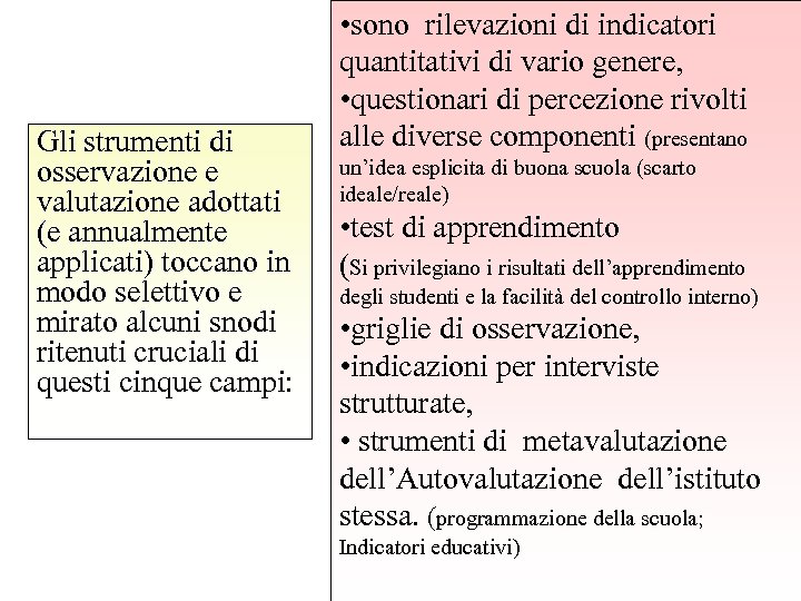 Gli strumenti di osservazione e valutazione adottati (e annualmente applicati) toccano in modo selettivo