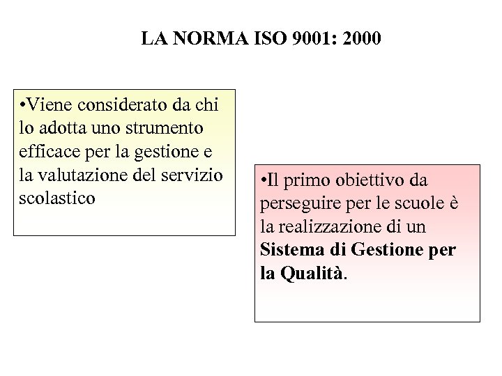 LA NORMA ISO 9001: 2000 • Viene considerato da chi lo adotta uno strumento