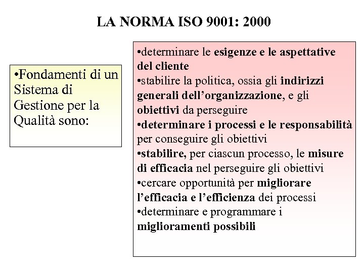 LA NORMA ISO 9001: 2000 • Fondamenti di un Sistema di Gestione per la