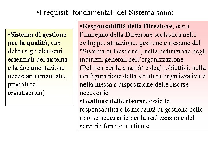  • I requisiti fondamentali del Sistema sono: • Sistema di gestione per la