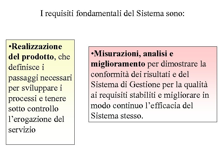 I requisiti fondamentali del Sistema sono: • Realizzazione del prodotto, che definisce i passaggi